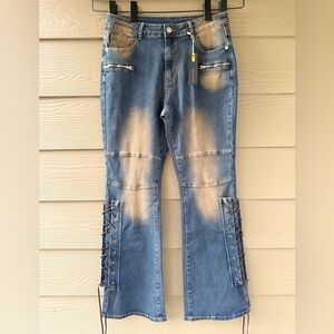 Gilipur Women's Casual Washed Cross-Tied Fitted Flared Leg Gothic Pants Jeans L